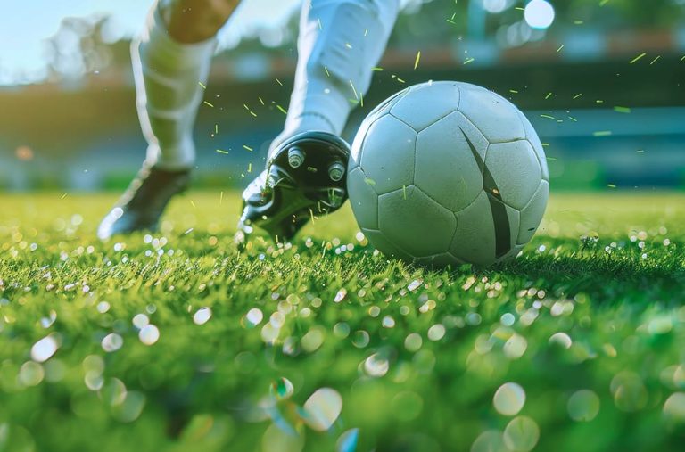 Füße eines Fußballspielers beim Ballkontakt