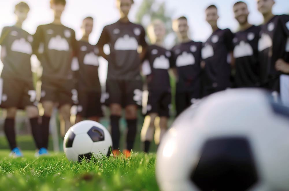 Ein Team junger Fußballspieler im Kreis aufgestellt vor einem Fußball