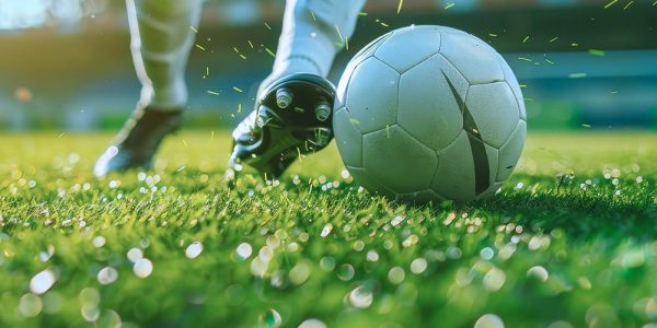 Füße eines Fußballspielers beim Ballkontakt